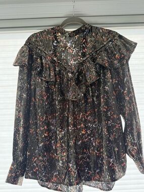 IRO Black Multi Floral Ruffle-Yoke Blouse